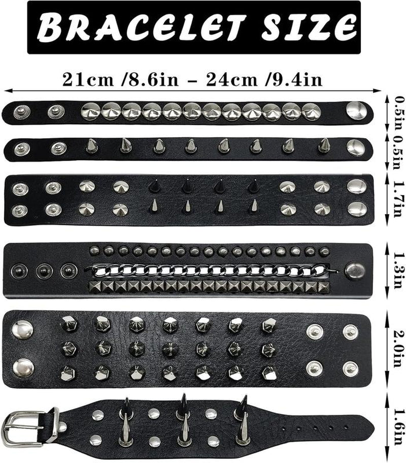 “Dark Punk Bracelet Set 🖤 6-Piece Spiked Leather Cuffs”