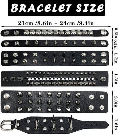 “Dark Punk Bracelet Set 🖤 6-Piece Spiked Leather Cuffs”