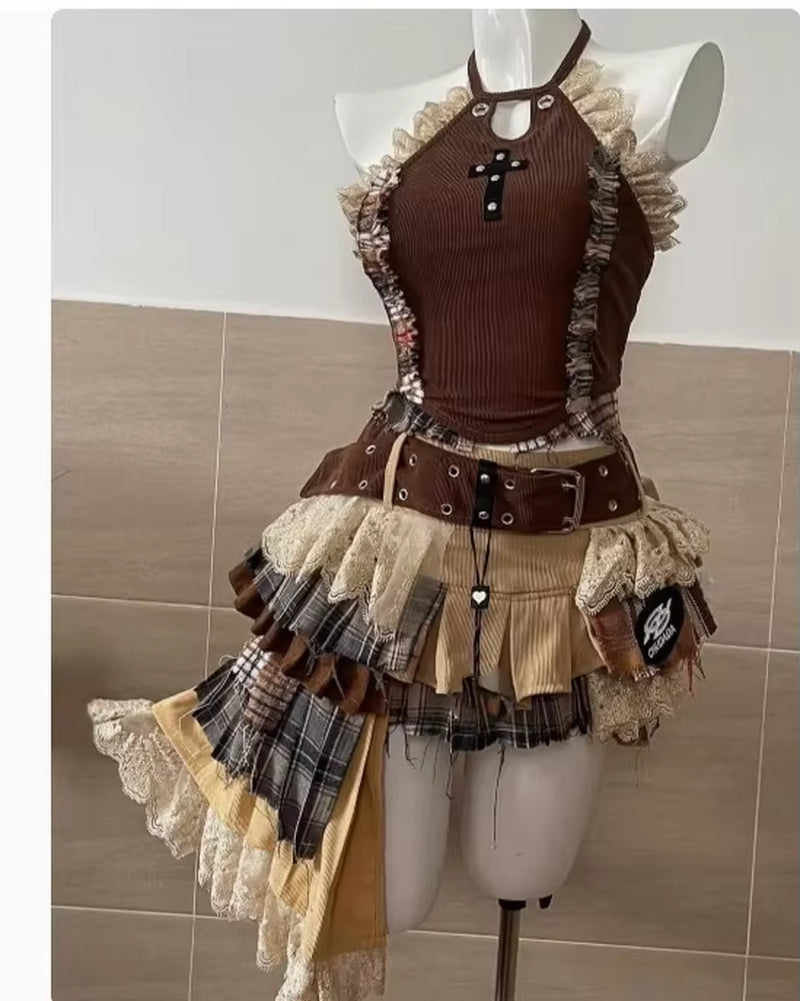 💙 Y2K Denim Dream Mini Skirt Set — Sweet, Cool & Punk Vibes 🖤