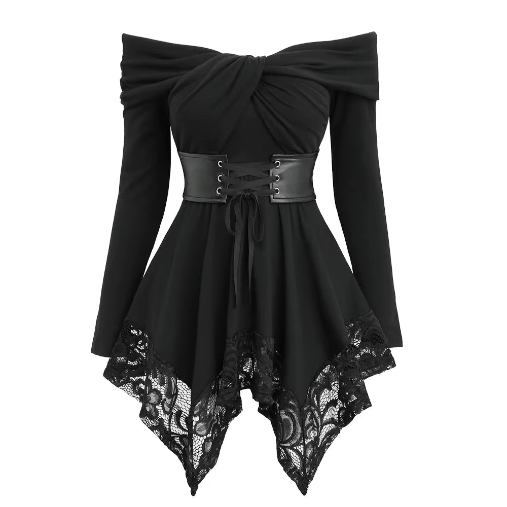 🖤 Dark Elegance Off-Shoulder Corset Top — Gothic Lace & Belted Style ✨
