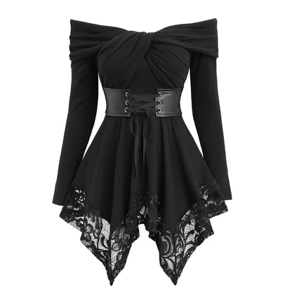 🖤 Dark Elegance Off-Shoulder Corset Top — Gothic Lace & Belted Style ✨