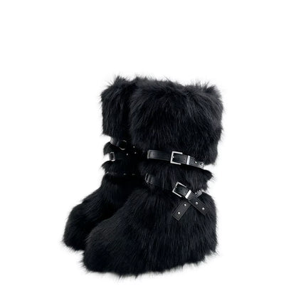Luxury Faux Fur Knee-High Boots – Belt Buckle, Slip-On Winter Warm Fashion