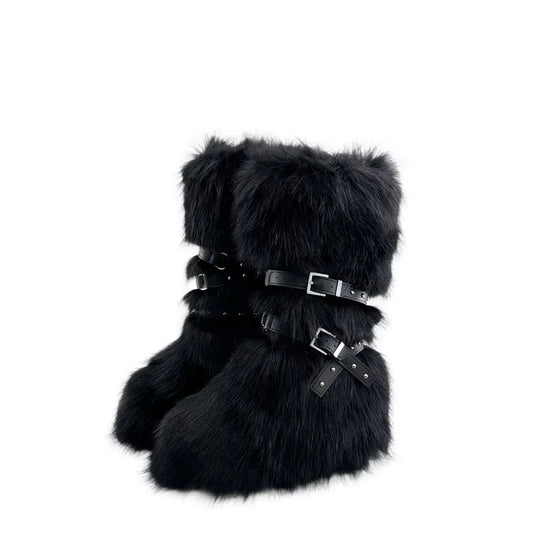 Luxury Faux Fur Knee-High Boots – Belt Buckle, Slip-On Winter Warm Fashion
