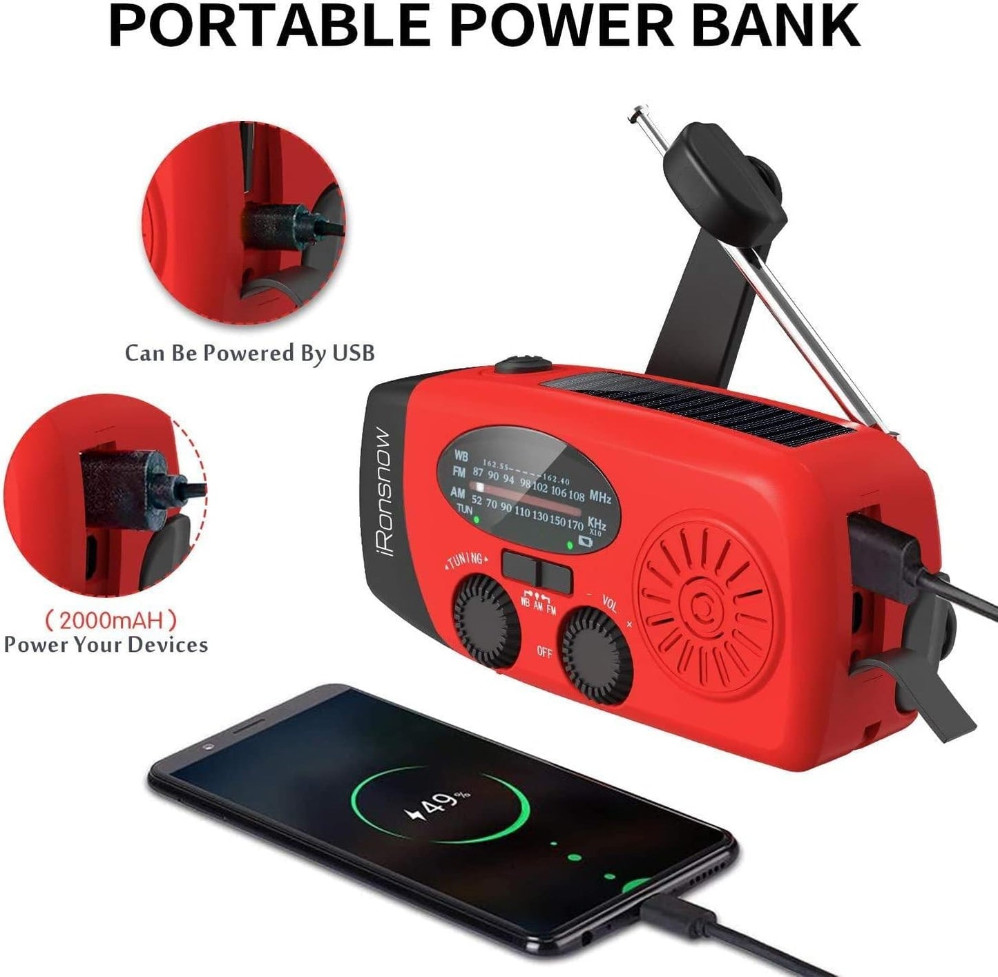 Stay Prepared with the Ultimate Solar Hand Crank Emergency Radio - Portable NOAA AM/FM Weather Radio with SOS Alarm and LED Flashlight, Plus 2000mAh Phone Charger in Eye-Catching Red