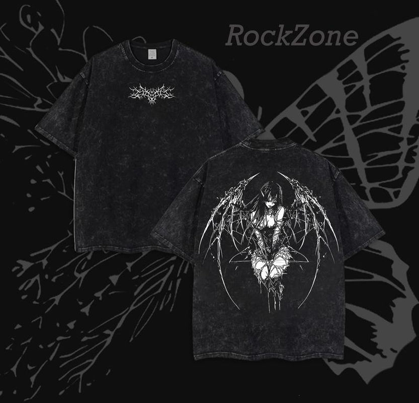 "Dark Gothic Angel 🕷️ – Heavy Washed Vintage Streetwear Tee 🖤"