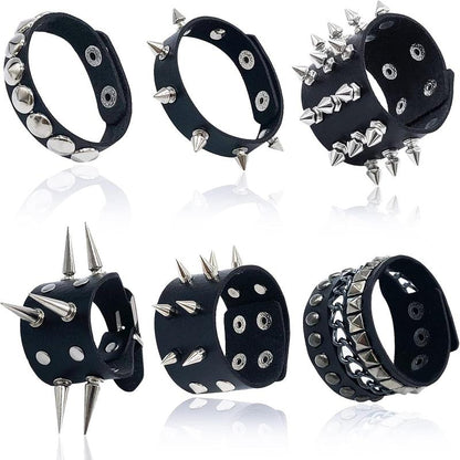 “Dark Punk Bracelet Set 🖤 6-Piece Spiked Leather Cuffs”