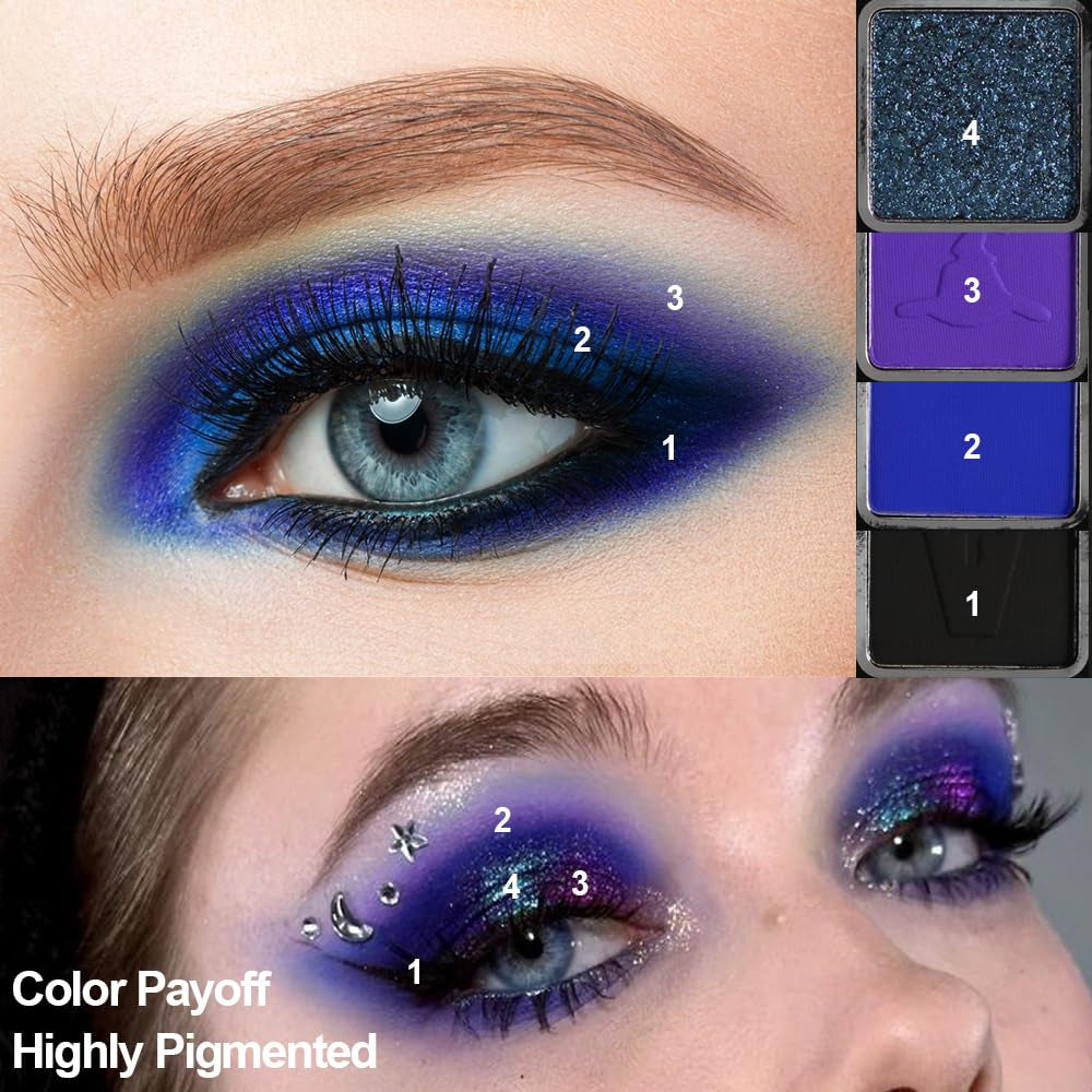 Goth Eyeshadow Palette Purple Blue, Multichrome Chrome Blue Purple Matte Black White Grey Dark Eye Shade, Gothic Halloween Makeup Eye Shadow Pallet for Joker Clown Cosplay SFX Makeup Costume