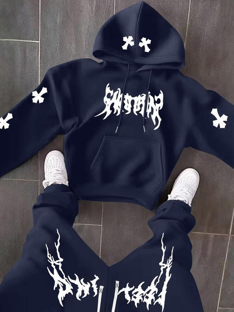 Men’s Black Hoodie & Pants Set – American Streetwear with Lightning Cross Print | Casual 2-Piece Tracksuit
