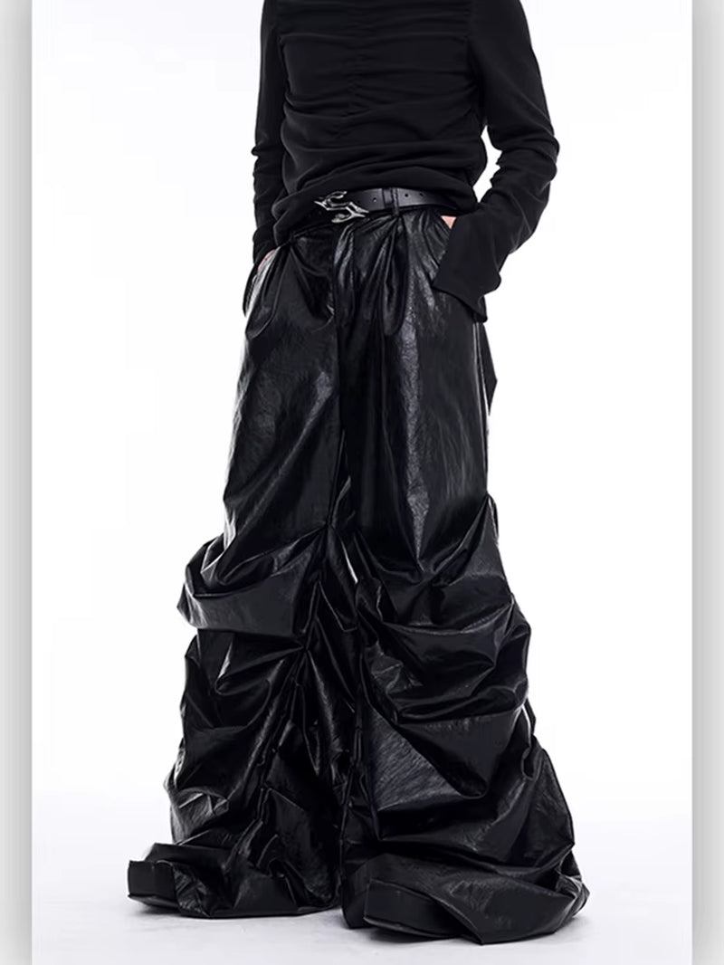 Men’s Black PU Leather Stacked Pants – Luxury Streetwear 2025 🖤