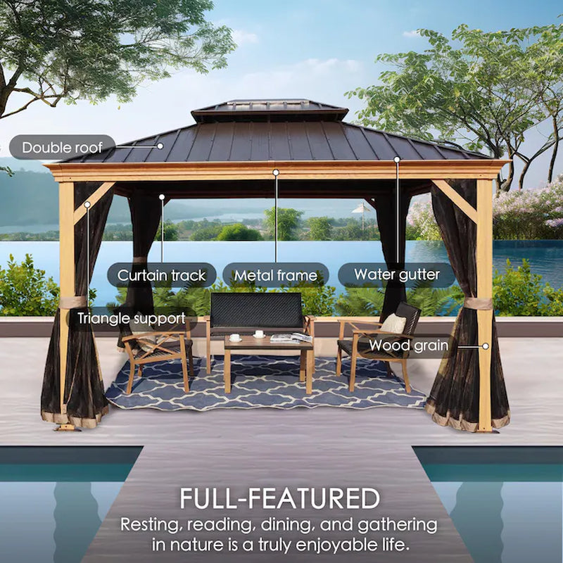 Transform Your Outdoor Space with the Elegant 12-Ft x 16-Ft Brown Hardtop Gazebo – Complete with Screen for Ultimate Comfort