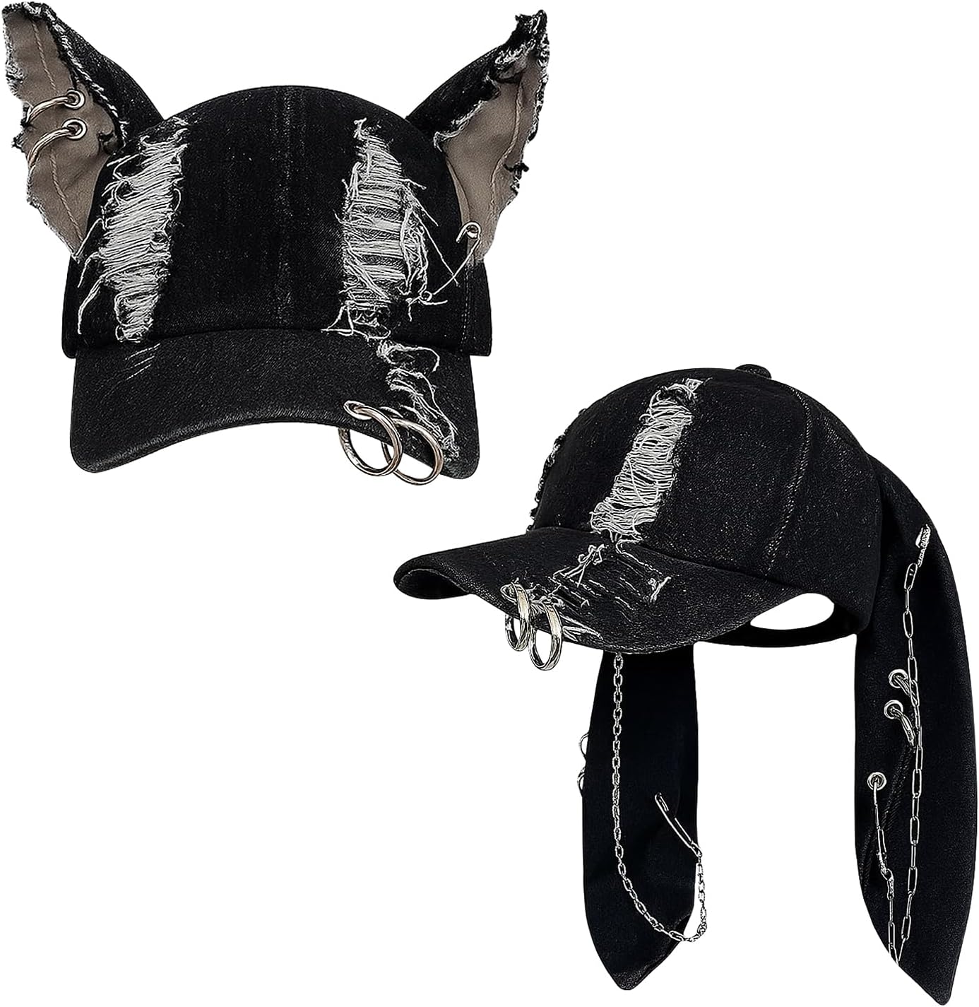 Distressed Gothic Ear Hat with Chains 🧢🖤