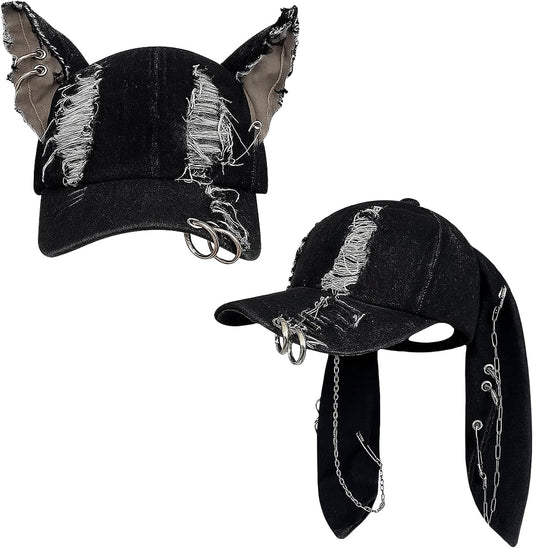 Distressed Gothic Ear Hat with Chains 🧢🖤