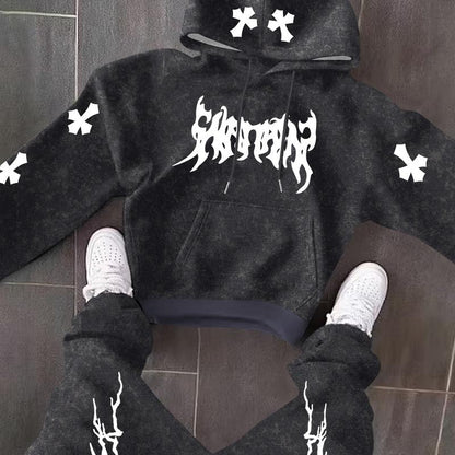 Men’s Black Hoodie & Pants Set – American Streetwear with Lightning Cross Print | Casual 2-Piece Tracksuit