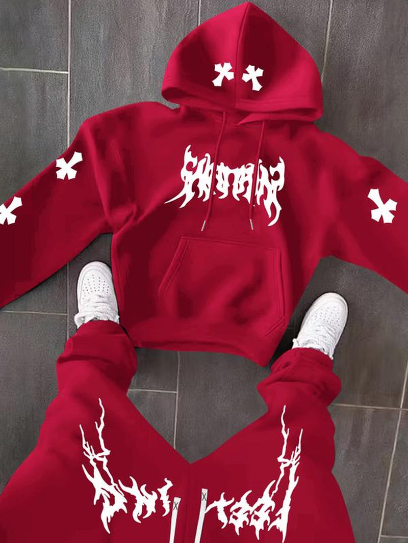 Men’s Black Hoodie & Pants Set – American Streetwear with Lightning Cross Print | Casual 2-Piece Tracksuit