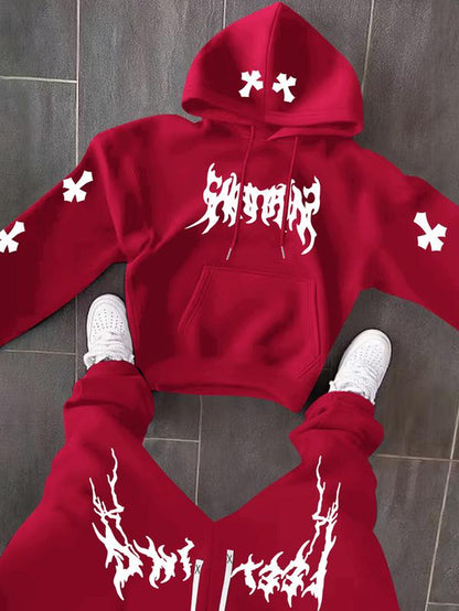 Men’s Black Hoodie & Pants Set – American Streetwear with Lightning Cross Print | Casual 2-Piece Tracksuit