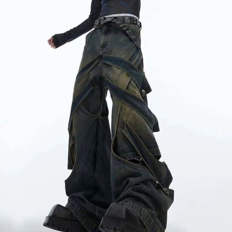 Deconstructed Washed Jeans – Vintage Patchwork High Street Pants