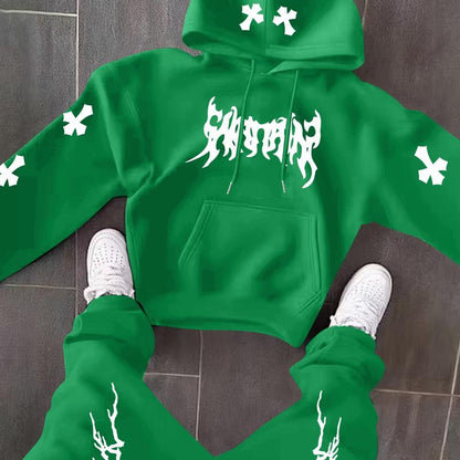 Men’s Black Hoodie & Pants Set – American Streetwear with Lightning Cross Print | Casual 2-Piece Tracksuit