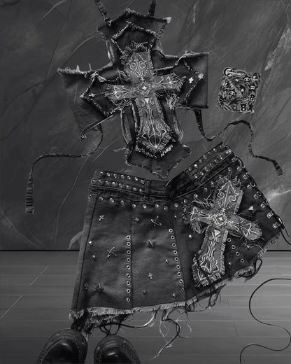🖤 Gothic Cross Denim Set — Y2K Rebel Two-Piece Outfit ✝️