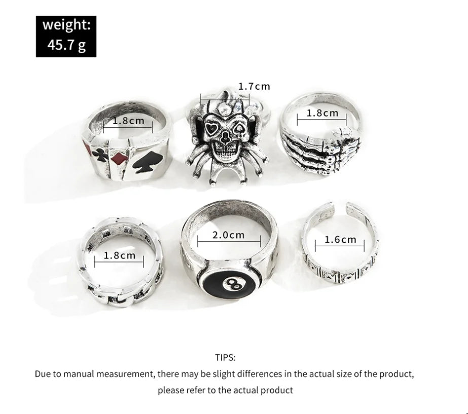 6Pcs Punk Poker Joker Silver Color Rings for Men Goth Skeleton Billiards Set Couple Emo Fashion Jewelry Gift