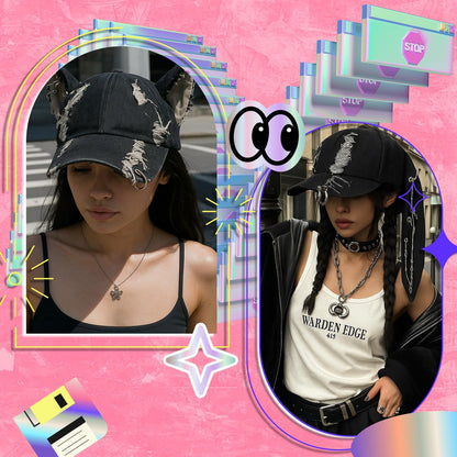 Distressed Gothic Ear Hat with Chains 🧢🖤