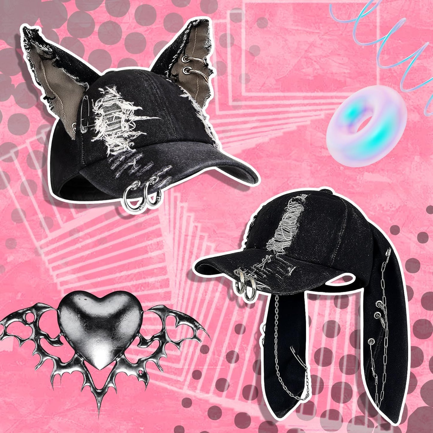 Distressed Gothic Ear Hat with Chains 🧢🖤