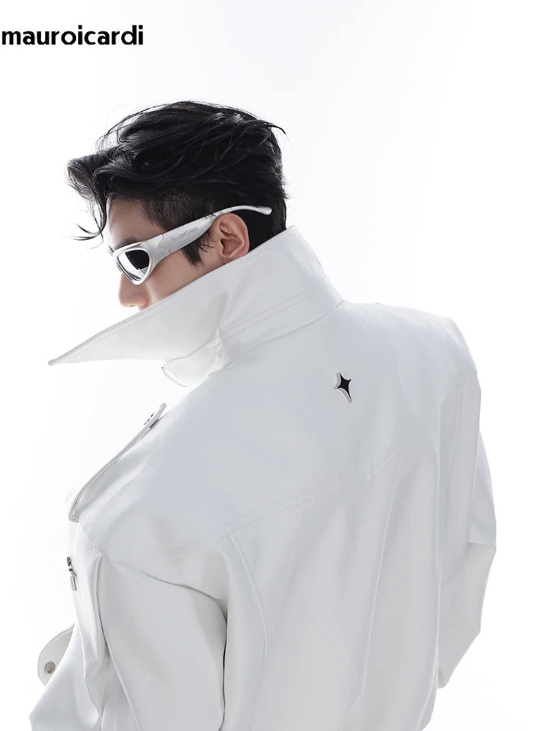 Spring Autumn Cool Stylish Oversized White Black Faux Leather Jacket Men Zip up Luxury Designer Emo Clothes 2023
