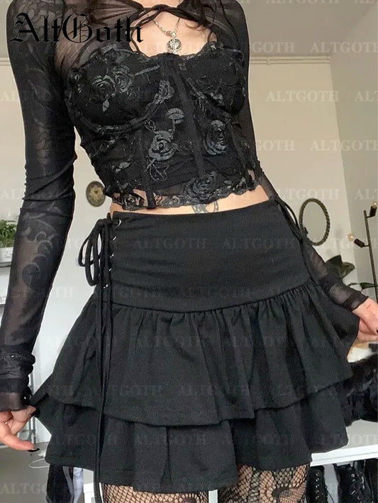 Y2K Gothic Cake Skirt Women Dark Punk Streetwear Bandage High Waist Skirt Harajuku Grunge Emo Alternative Clubwear Skirt