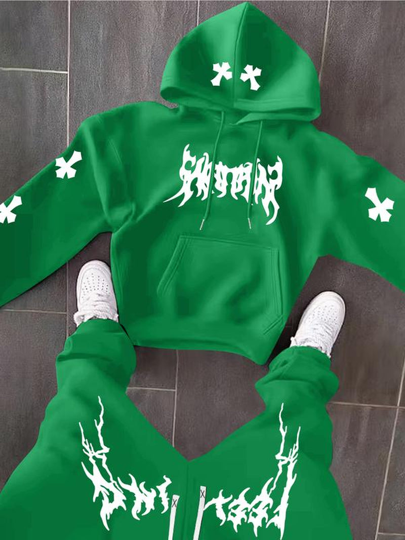 Men’s Black Hoodie & Pants Set – American Streetwear with Lightning Cross Print | Casual 2-Piece Tracksuit