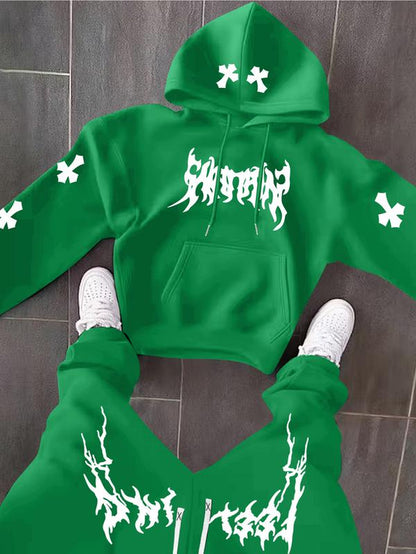 Men’s Black Hoodie & Pants Set – American Streetwear with Lightning Cross Print | Casual 2-Piece Tracksuit