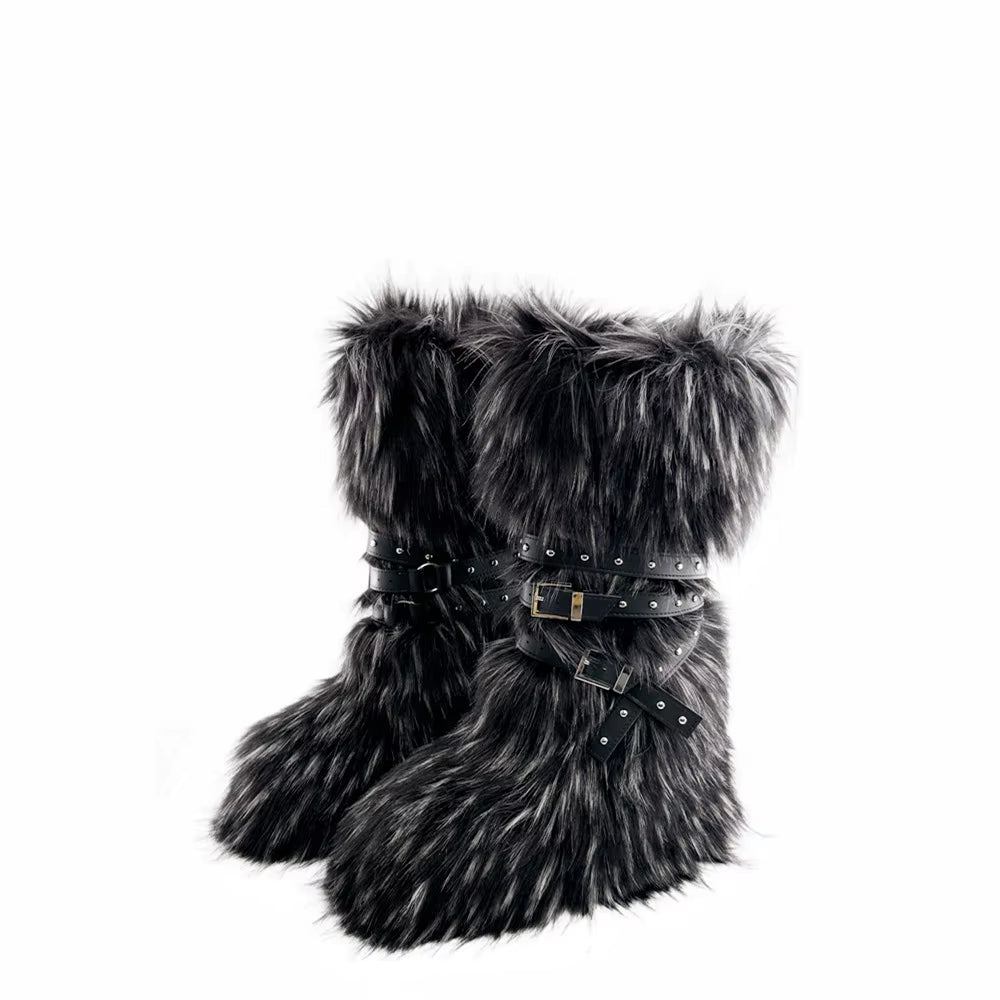 Luxury Faux Fur Knee-High Boots – Belt Buckle, Slip-On Winter Warm Fashion
