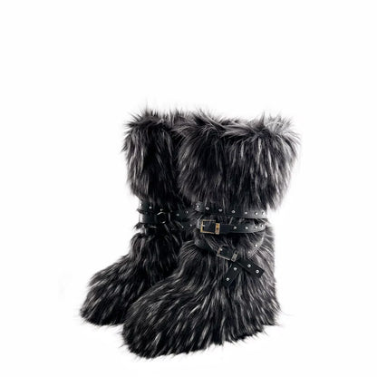 Luxury Faux Fur Knee-High Boots – Belt Buckle, Slip-On Winter Warm Fashion