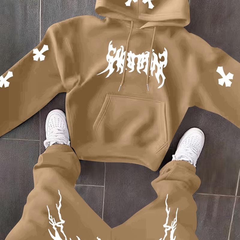 Men’s Black Hoodie & Pants Set – American Streetwear with Lightning Cross Print | Casual 2-Piece Tracksuit