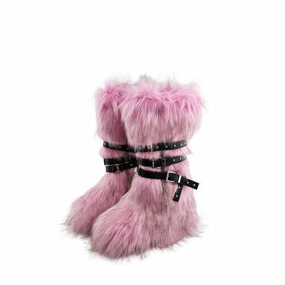 Luxury Faux Fur Knee-High Boots – Belt Buckle, Slip-On Winter Warm Fashion