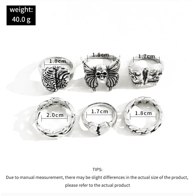 6Pcs Punk Poker Joker Silver Color Rings for Men Goth Skeleton Billiards Set Couple Emo Fashion Jewelry Gift