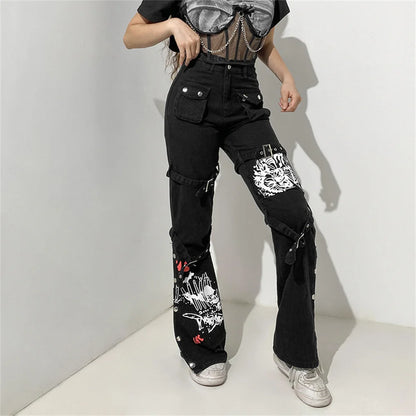Gothic Emo Alt Cargo Pants Techwear Hippie Baggy Jeans Mom Goth Punk Black Denim Trousers Cyber Y2K Pants Academic Dark Clothes