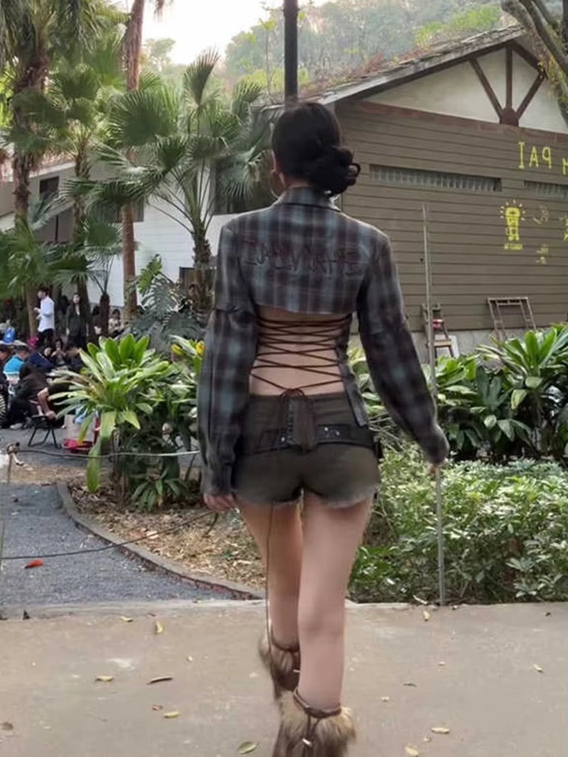 Distressed Plaid Lace-Up Crop Shirt