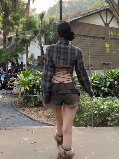 Distressed Plaid Lace-Up Crop Shirt