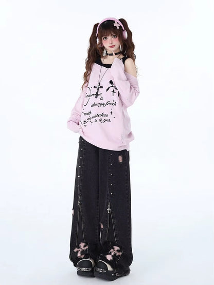 Gothic Heavy Industrial Straight Leg Jeans Distressed Cotton Denim Punk Sweet Cool Style Harajuku Subculture Grunge Streetwear