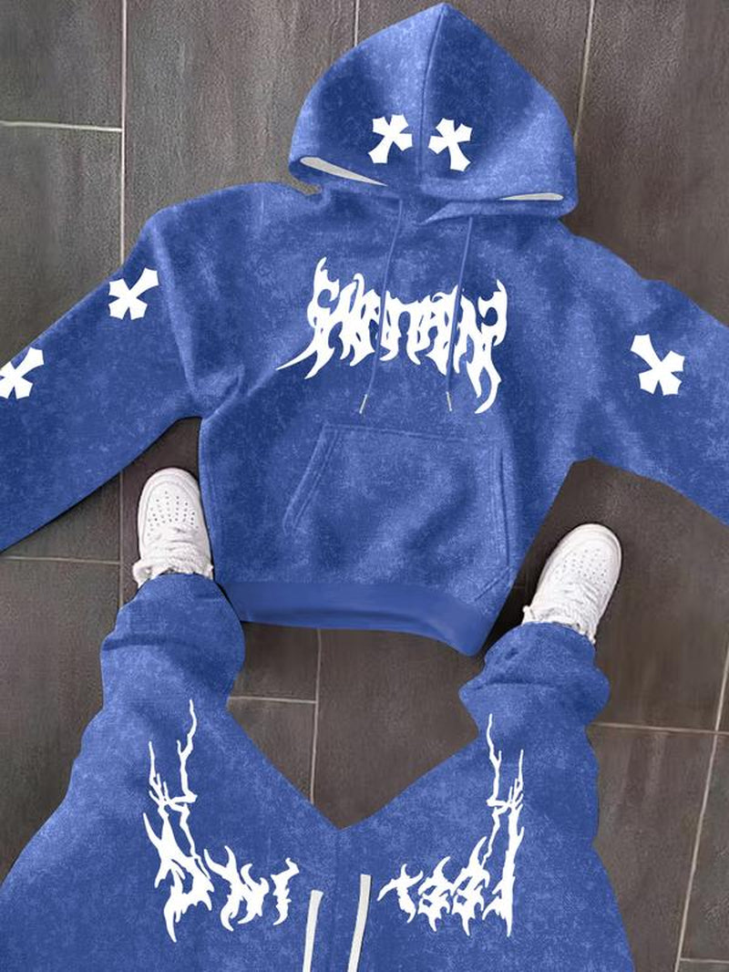 Men’s Black Hoodie & Pants Set – American Streetwear with Lightning Cross Print | Casual 2-Piece Tracksuit