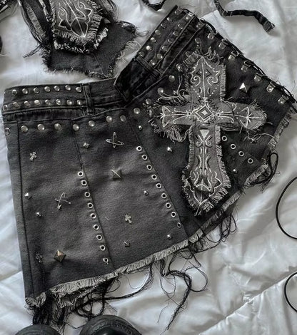 🖤 Gothic Cross Denim Set — Y2K Rebel Two-Piece Outfit ✝️