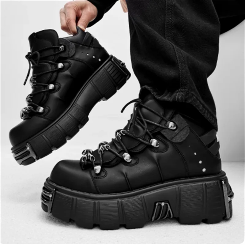 Punk Style Man Platform Shoes Lace-Up round Toe Thick Bottom Boots Fashion Women Gothic Metal Decoration Casual Shoes 2025 New