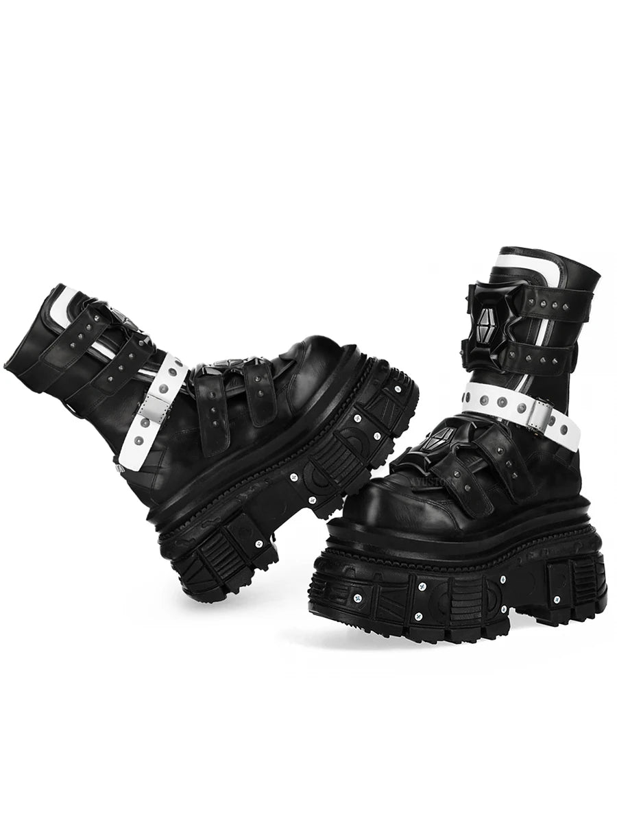 Black Cowhide Platform Boots – Punk Gothic Metal Ankle Shoes for Women