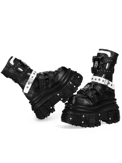 Black Cowhide Platform Boots – Punk Gothic Metal Ankle Shoes for Women