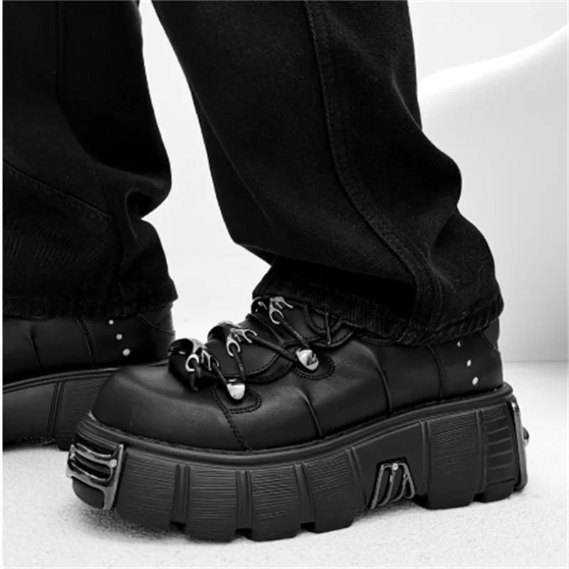 Punk Style Man Platform Shoes Lace-Up round Toe Thick Bottom Boots Fashion Women Gothic Metal Decoration Casual Shoes 2025 New