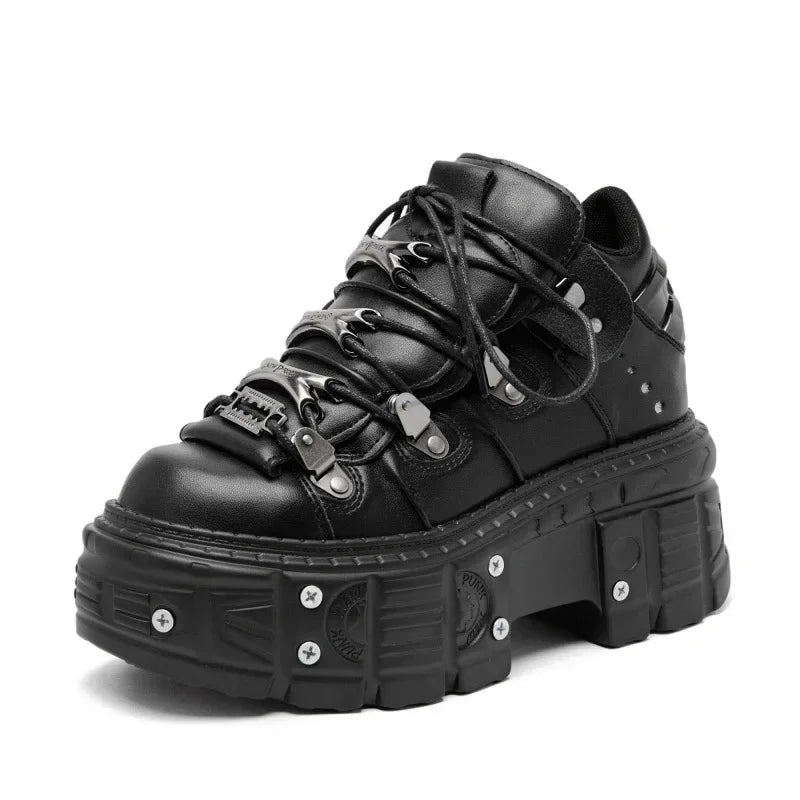 Punk Style Women Black Shoes Rock Metal Decor Lace-Up Heel Height Platform Shoes Gothic Man Sneakers Women Ankle Boots New