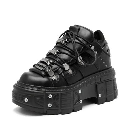 Punk Style Women Black Shoes Rock Metal Decor Lace-Up Heel Height Platform Shoes Gothic Man Sneakers Women Ankle Boots New