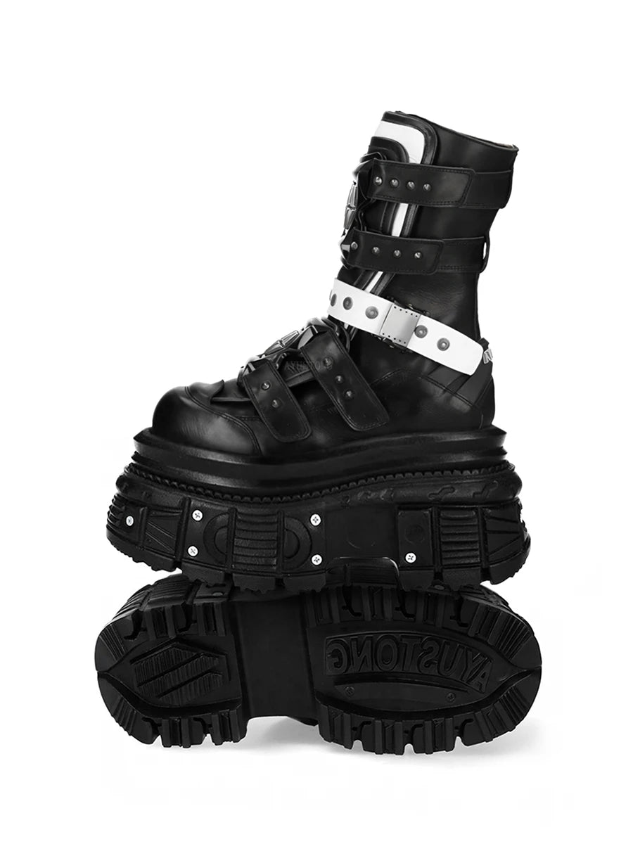 Black Cowhide Platform Boots – Punk Gothic Metal Ankle Shoes for Women