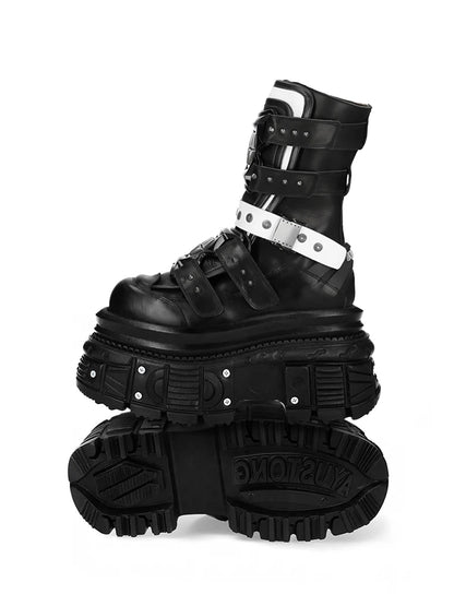 Black Cowhide Platform Boots – Punk Gothic Metal Ankle Shoes for Women