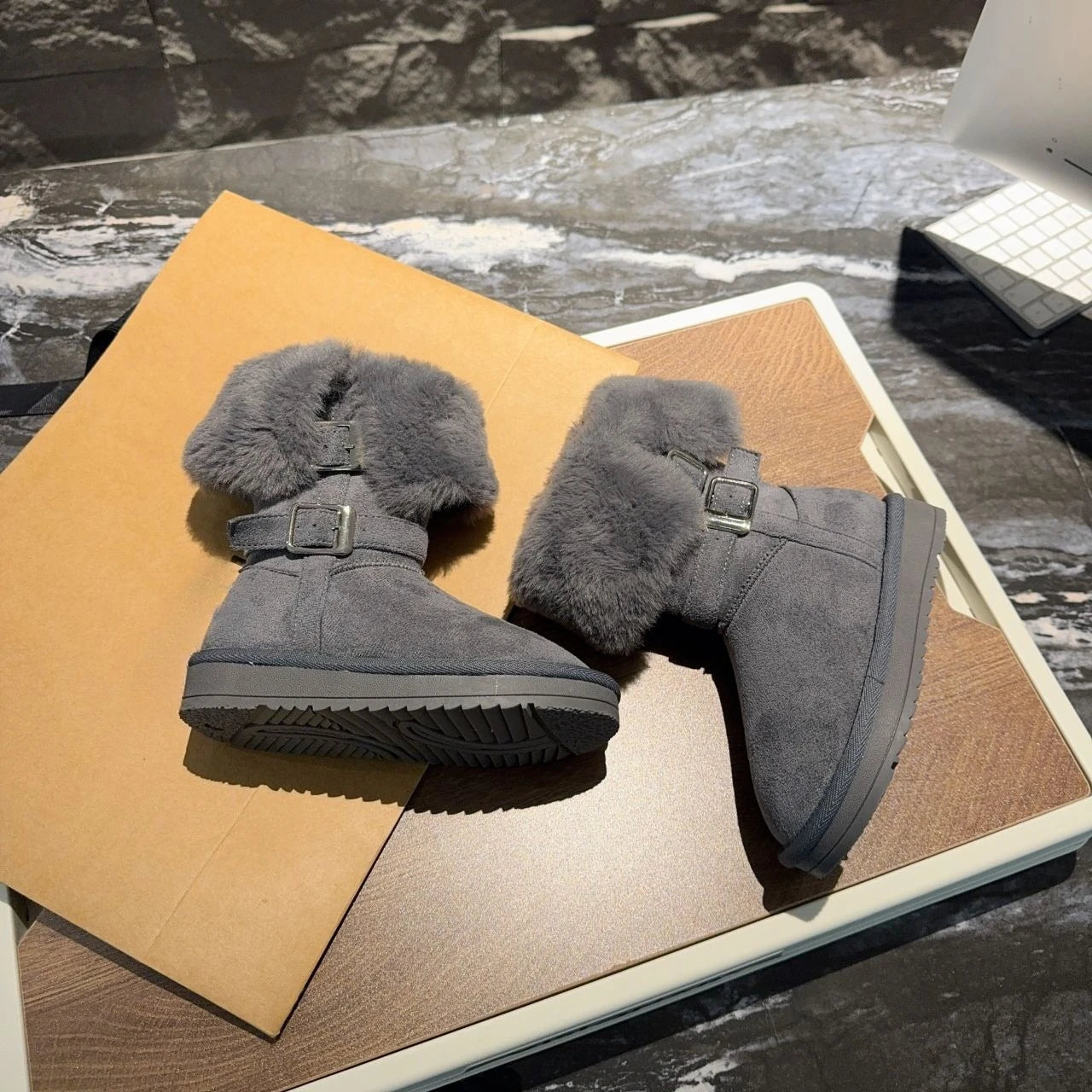 Women’s Gray Snow Boots – Thick Sole & Faux Fur Lined