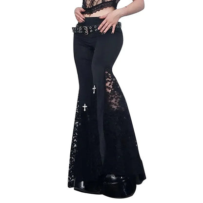 Goth Mall Flare Pants Sexy Black Lace Patchwork High Waist Vintage Harajuku Hippie Punk Grunge Streetwear Y2K Pants